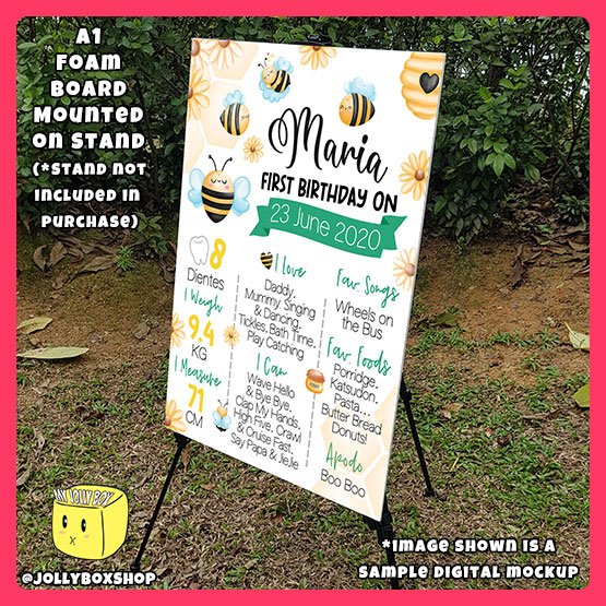 Digital Mockup of a A1 size Cute Bees and Daisies Theme Foam Board on Stand