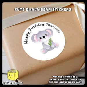 Cute-Koala-Bears-Theme-Stickers-Sticker-Design-F-Pasted-on-Gift-Box Digital mockup of a cute koala bear round sticker pasted on gift box