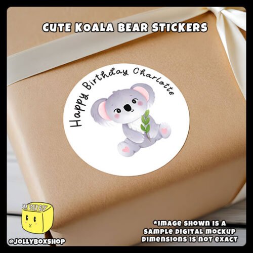Digital mockup of a cute koala bear round sticker pasted on gift box