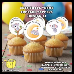 Digital Mockup of 6 different designs of Koala Theme Cupcake Toppers Placed on Cupcakes