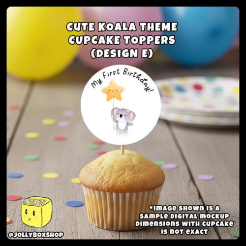 Digital-Mockup-of-Cute-Koala-Theme-Round-Cupcake-Topper-Design-E-Place-on-a-Cupcake Digital Mockup of Koala Theme Cupcake Topper Design E Placed on Cupcake