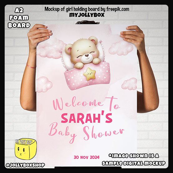 Digital Mockup of a Person Holding a A2 Size Cute Sleeping Bear Welcome to Party Theme Board