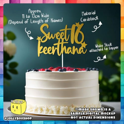 Digital mockup of personalized Sweet 16 with name star theme cake topper placed on cake