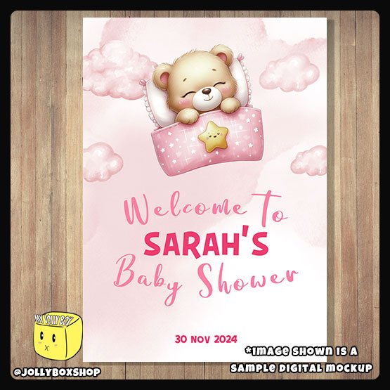 Digital Mockup of a Cute Sleeping Bear Welcome to Party Theme Board