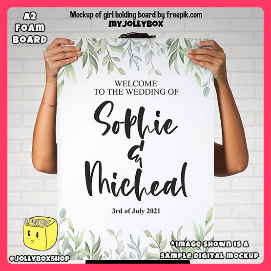 Digital Mockup of a person holding a A2 Size Watercolor Green Leaves Theme Welcome to Wedding Foam Board