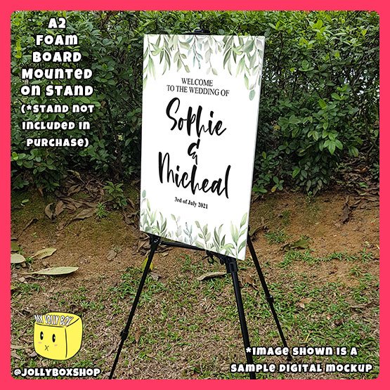 Digital Mockup of a A2 size Watercolor Green Leaves Theme Welcome to Wedding Foam Board on Stand