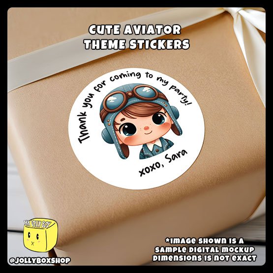 Digital mockup of a cute aviator pilort round sticker pasted on gift box