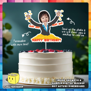 Digital Mockup of Happy Girl in Mountain of Gold Coin Cake Topper Placed on a Cake