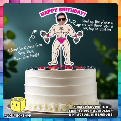 Digital mockup of a Personalize Muscular Man with Dumbbells Cake Topper placed on a cake