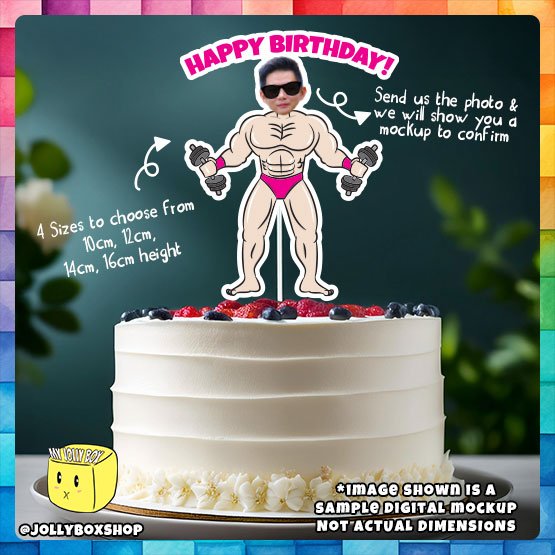 Digital mockup of a Personalize Muscular Man with Dumbbells Cake Topper placed on a cake