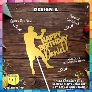 Digital Mockup of Personalized Boxer Theme Cake Topper placed on table (Design A)