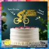 Digital Mockup of a cyclist silhouette with Personalized text cake topper placed on cake