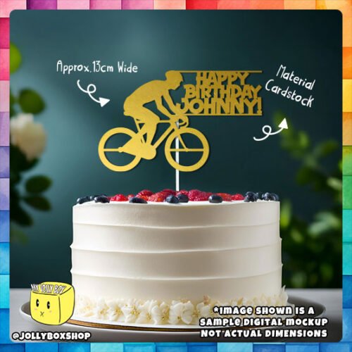 Digital Mockup of a cyclist silhouette with Personalized text cake topper placed on cake