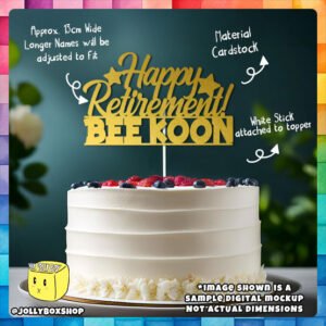 Digital Mockup of a Personalized Stars theme Happy Retirement Cake Topper Placed on Cake