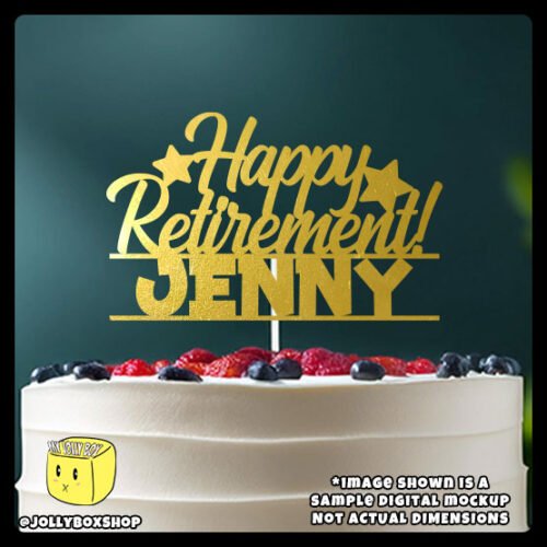 Digital Mockup of a Personalized Happy Retirement Theme with Name and Stars Cake Topper Placed on Cake