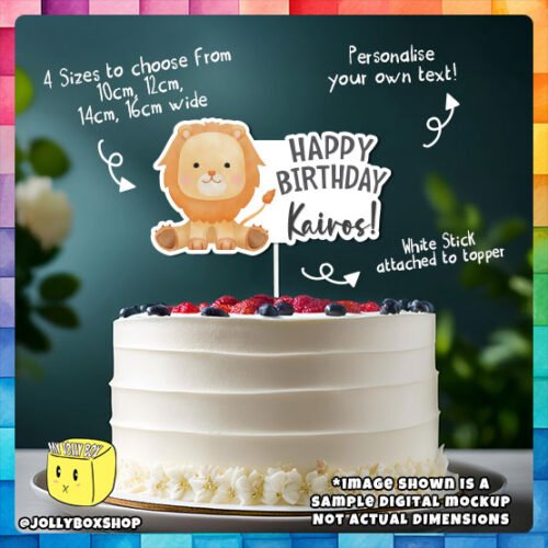 Digital Mockup of a Cute Safari Lion Cake Topper Placed on Cake