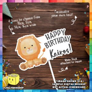 Digital Mockup of a Cute Safari Lion Cake Topper Placed on Table