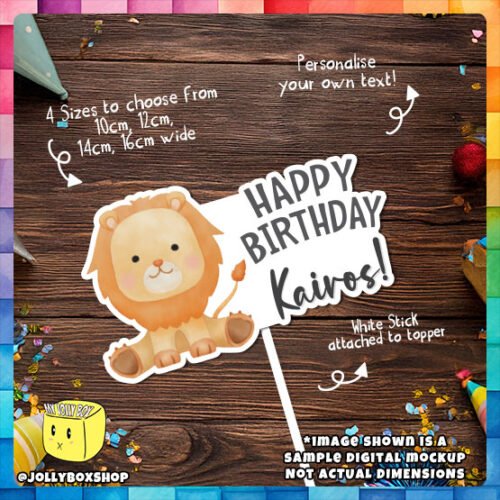 Digital Mockup of a Cute Safari Lion Cake Topper Placed on Table