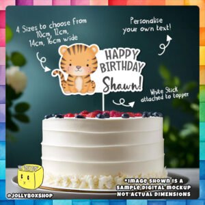 Digital Mockup of a Cute Safari Tiger Cake Topper Placed on Cake