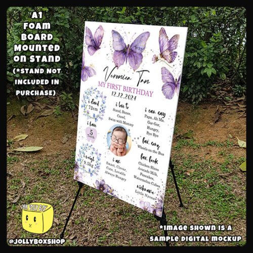 Digital mockup of a A1 size Purple Butterflies theme milestone board placed on a stand