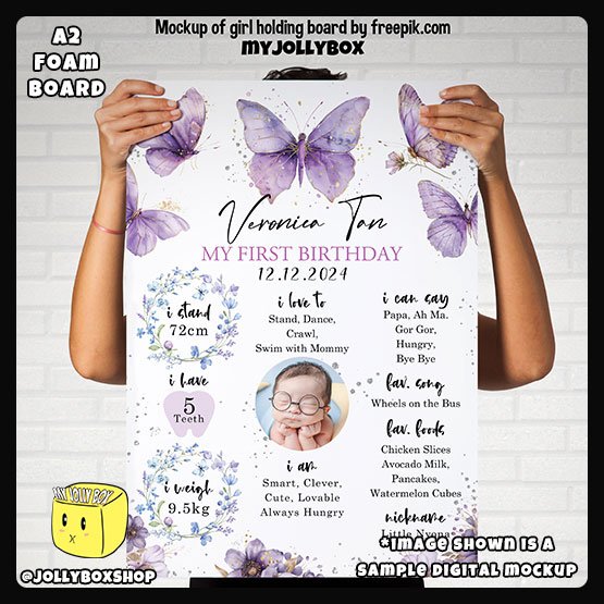 Digital mockup of a person holding a A2 size Purple Butterflies theme milestone board