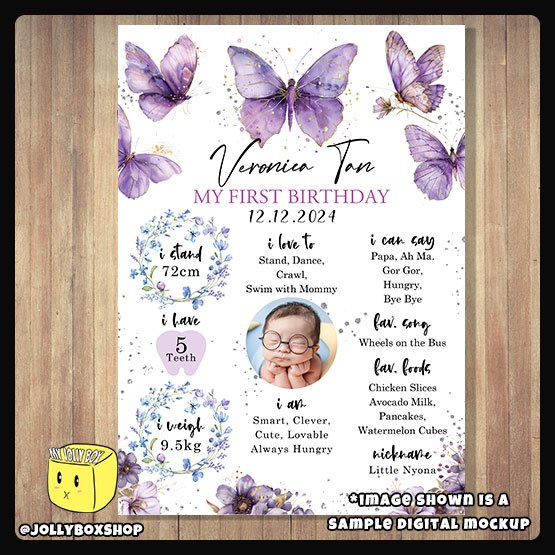 Digital mockup of a Purple Butterflies theme milestone board