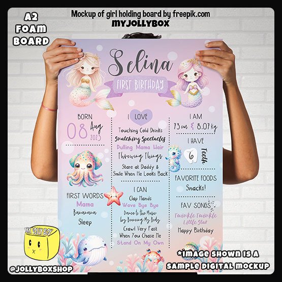 Digital mockup of a person holding a A2 size Under the Sea Mermaids theme milestone board