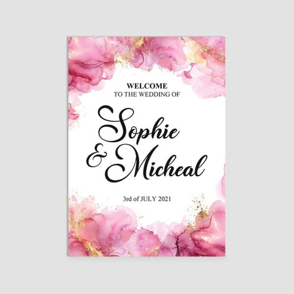 Pink and Gold Splashes Theme Welcome to Wedding Board For Custom Wedding Decorations