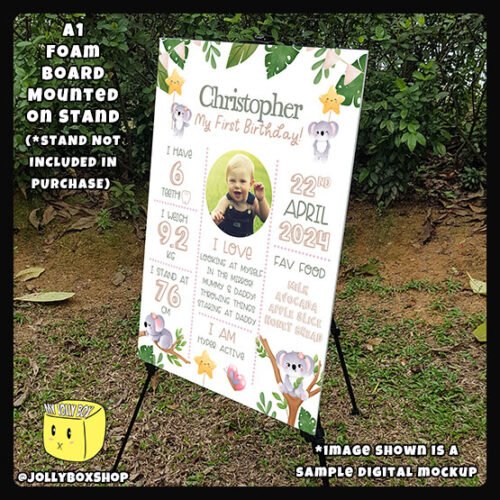 Digital mockup of a A1 size koala bears theme milestone board placed on a stand