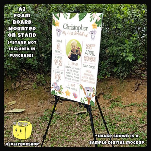 Digital mockup of a A2 size koala bears theme milestone board placed on a stand