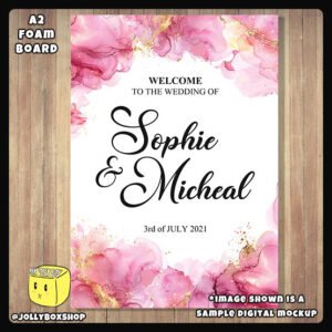 Digital mockup of a Pink and Gold Splashes theme welcome to wedding board