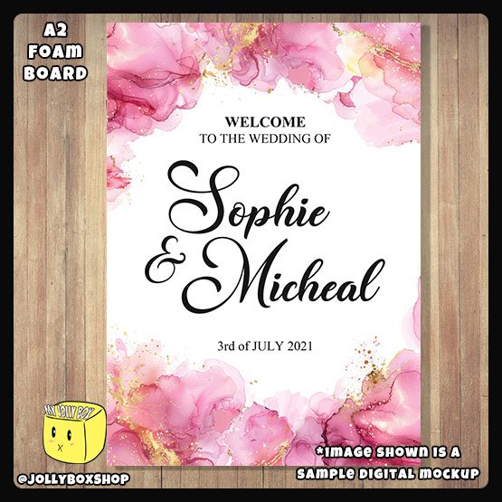 Digital mockup of a Pink and Gold Splashes theme welcome to wedding board