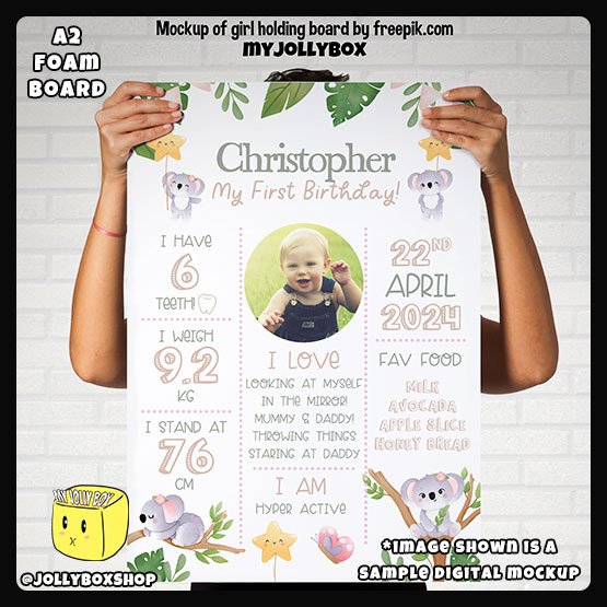 Digital mockup of a person holding a A2 size Koala Bears theme milestone board