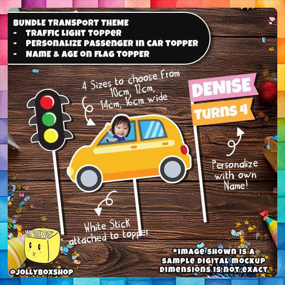 Digital mockup of 3 topper combo transport theme placed on table