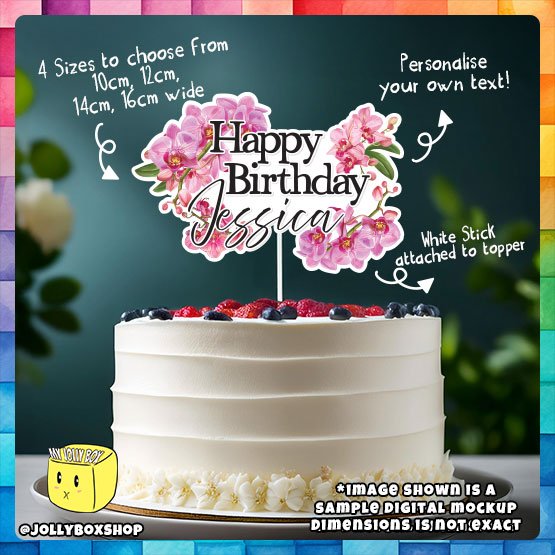 Digital mockup of a Personalized Orchid Theme Cake Topper Placed on Cake