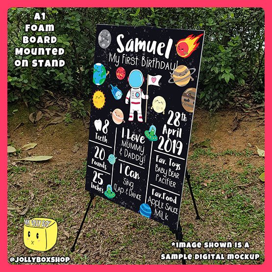 Digital mockup of a A1 size space theme milestone board Design A placed on a stand