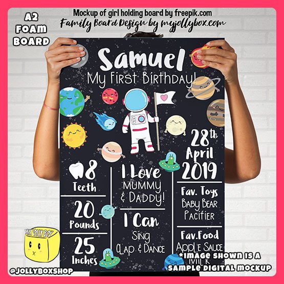 Digital mockup of a person a A2 size space theme milestone board Design A