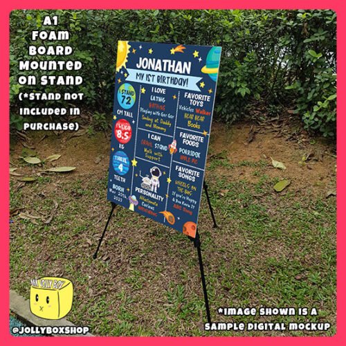 Digital mockup of a A1 size space theme milestone board Design B placed on a stand