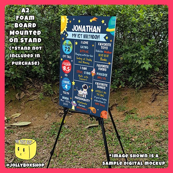 Digital mockup of a A2 size space theme milestone board Design B placed on a stand