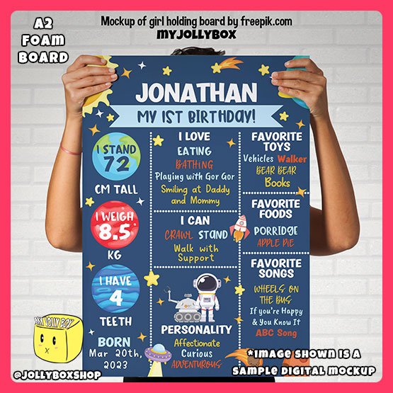 Digital mockup of a person a A2 size space theme milestone board Design B