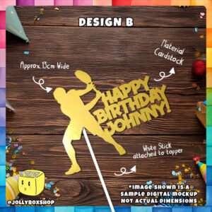 Digital Mockup of Personalized Tennis Player Theme Cake Topper placed on table (Design B)