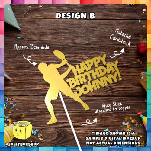 Digital Mockup of Personalized Tennis Player Theme Cake Topper placed on table (Design B)