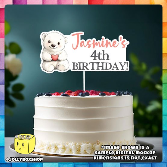 Digital Mockup of a Personalized Cute Polar Bear with Heart Cake Topper Placed on Cake