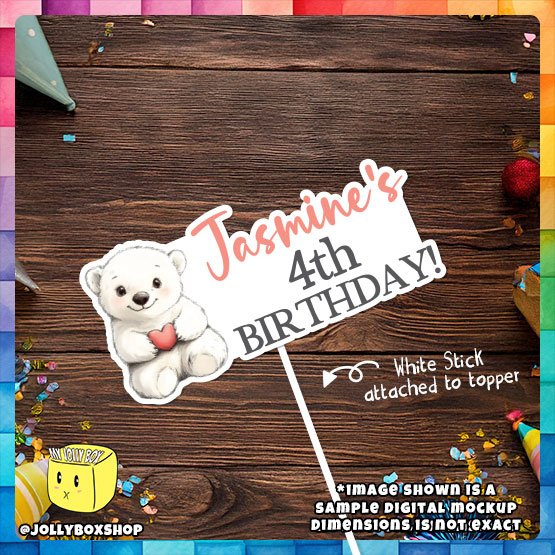 Digital Mockup of a Personalized Cute Polar Bear with Heart Cake Topper Placed on Table