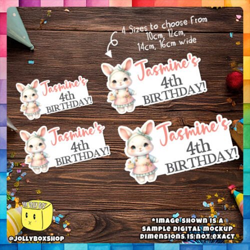 Digital Mockup of Personalized Cute Rabbit Theme Cake Toppers in 4 different widths for different size cakes