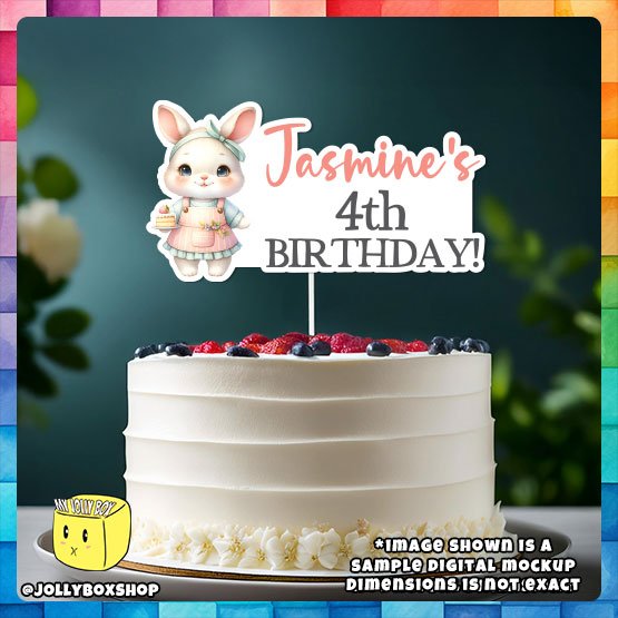 Digital Mockup of a Personalized Cute Rabbit Theme Cake Topper Placed on Cake