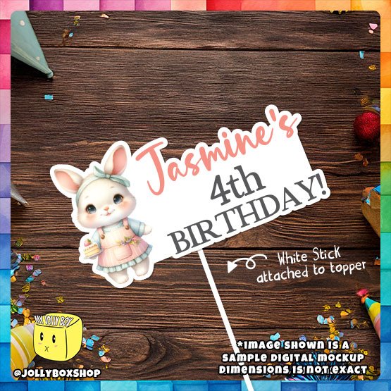 Digital Mockup of a Personalized Cute Rabbit Theme Cake Topper Placed on Table