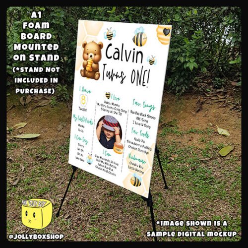 Digital mockup of a A1 size Baby Bear and Bees theme milestone board placed on a stand
