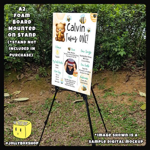 Digital mockup of a A2 size Baby Bear and Bees theme milestone board placed on a stand