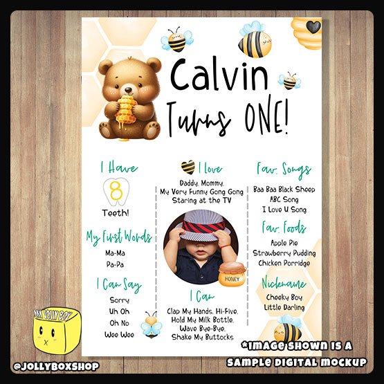 Digital mockup of a Baby Bear and Bees theme milestone board